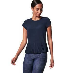 Spanx Navy Blue 'Yes Pleats' Pleated Peplum Hem Short Sleeve Active Top Medium